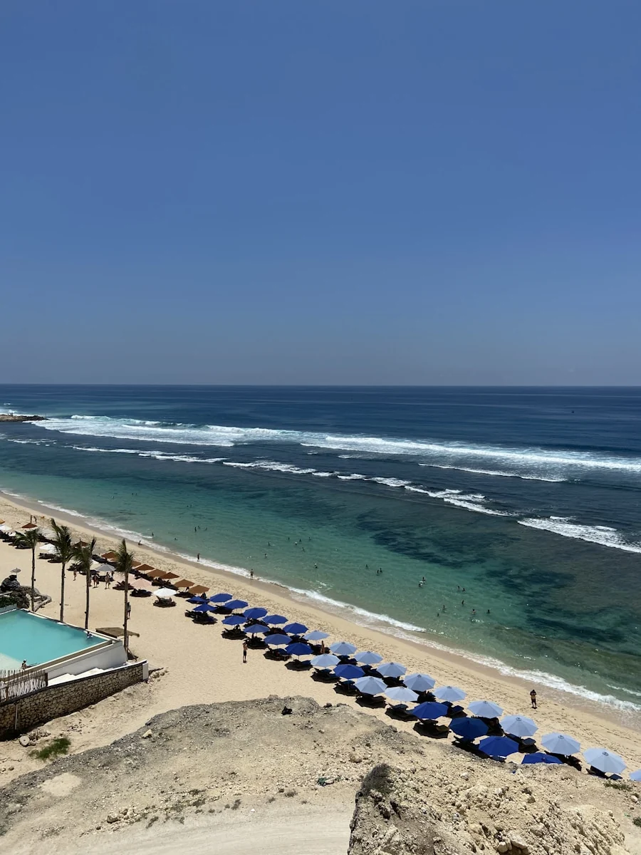 Aerial view of Melasti Beach and its turquoise water in Bali